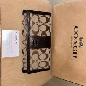 Brand New Coach Signature C Brown Canvas Leather Trifold Wallet in Box
